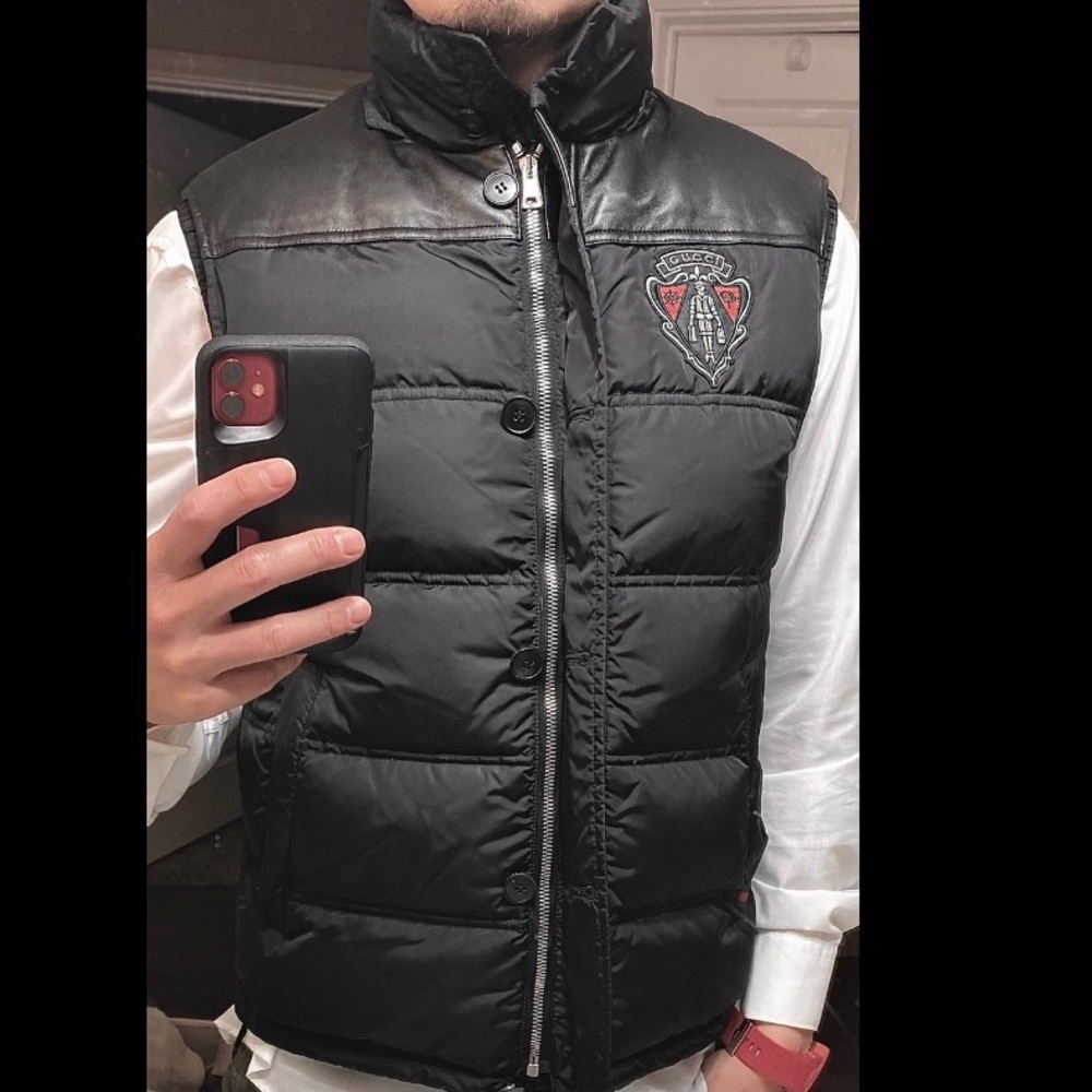 GUCCI Equestrian puffer leather trim vest coat jacket hoodie